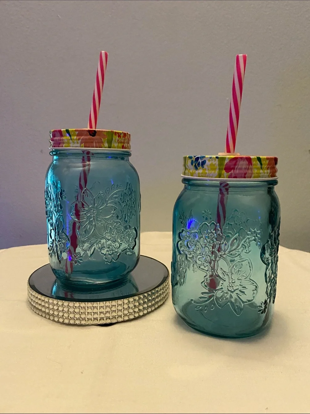 Blue Teal Embossed Mason Jar Tumblers with Floral Lids